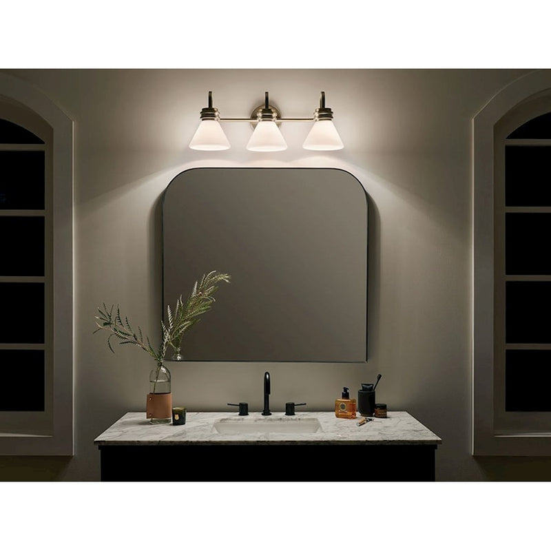 Kichler Farum 26in 3-Light Vanity | Soft Modern Champagne Bronze and Opal Glass | Bathroom Vanity Light | 26 x 10 in | Model 55155CPZ