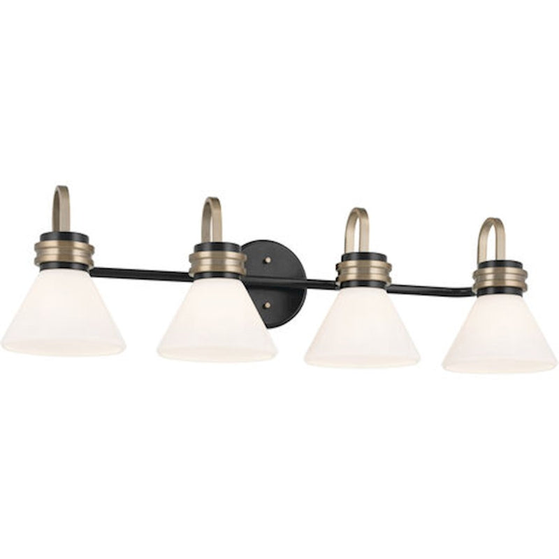 Kichler Farum 34in 4 Light Vanity | Soft Modern Black & Champagne Bronze with Opal Glass | Bathroom Vanity Light | 4 x 60W, Dimmable | Model 55156BK