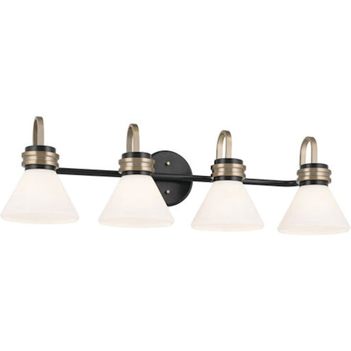 Kichler Farum 34in 4 Light Vanity | Soft Modern Black & Champagne Bronze with Opal Glass | Bathroom Vanity Light | 4 x 60W, Dimmable | Model 55156BK