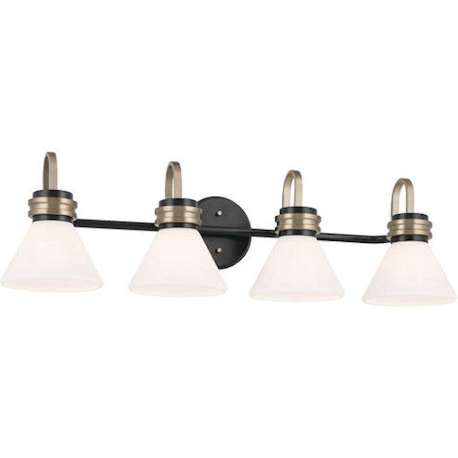 Kichler Farum 34in 4 Light Vanity | Soft Modern Black & Champagne Bronze with Opal Glass | Bathroom Vanity Light | 4 x 60W, Dimmable | Model 55156BK