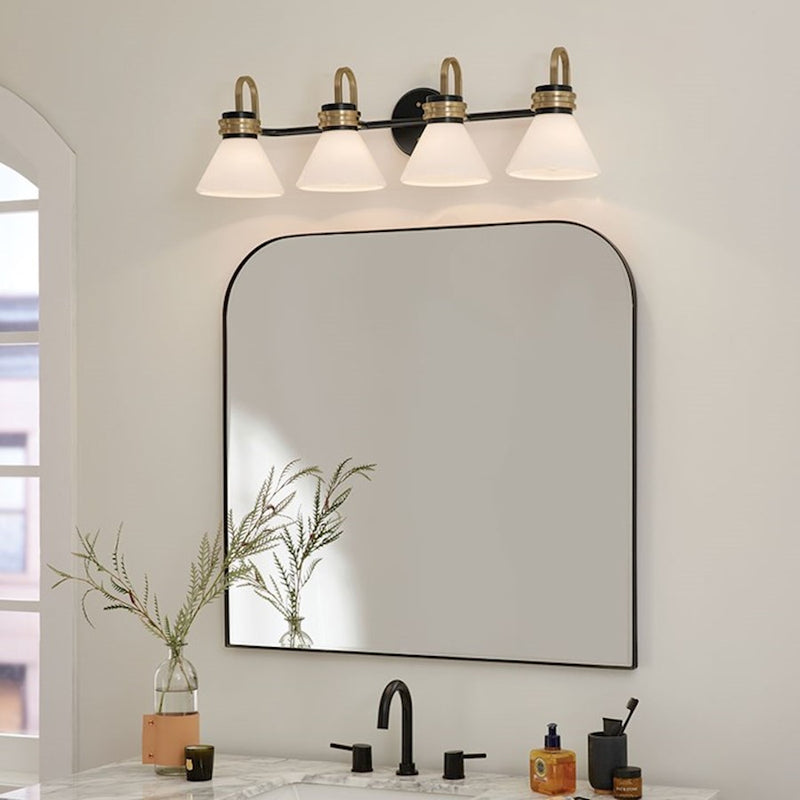 Kichler Farum 34in 4-Light Vanity Light | Soft Modern Champagne Bronze and Opal Glass | Bathroom Vanity & Powder Room | Model 55156CPZ