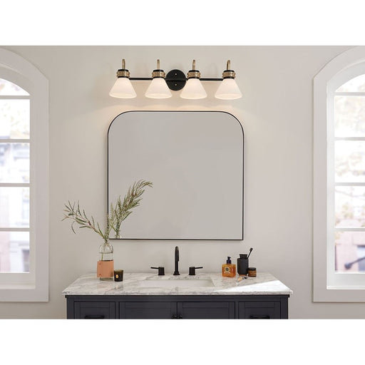 Kichler Farum 34in 4 Light Vanity | Soft Modern Black & Champagne Bronze with Opal Glass | Bathroom Vanity Light | 4 x 60W, Dimmable | Model 55156BK