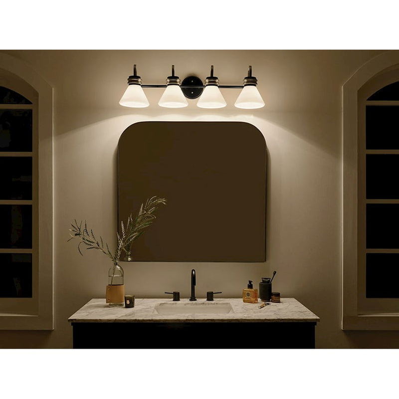 Kichler Farum 34in 4-Light Vanity Light | Soft Modern Champagne Bronze and Opal Glass | Bathroom Vanity & Powder Room | Model 55156CPZ