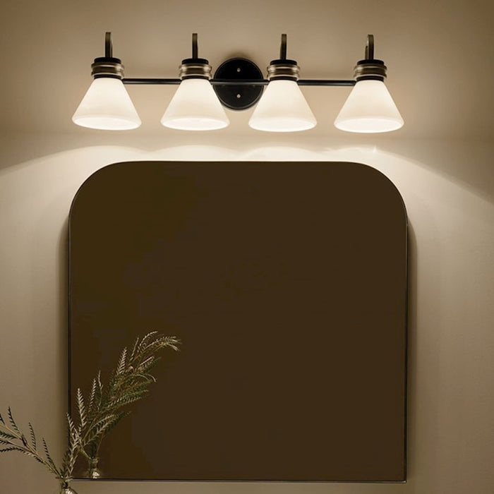 Kichler Farum 34in 4 Light Vanity | Soft Modern Black & Champagne Bronze with Opal Glass | Bathroom Vanity Light | 4 x 60W, Dimmable | Model 55156BK