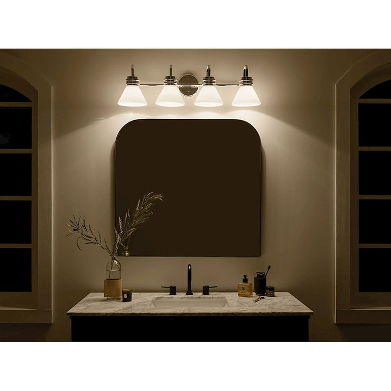 Kichler Farum 34in 4-Light Vanity Light | Soft Modern Champagne Bronze and Opal Glass | Bathroom Vanity & Powder Room | Model 55156CPZ