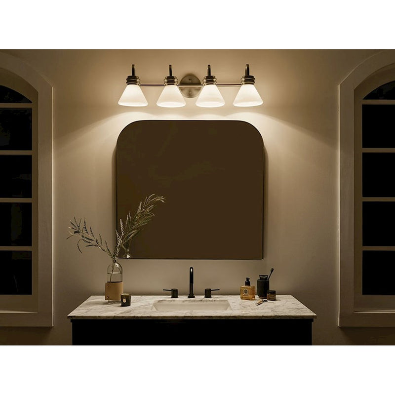 Kichler Farum 34in 4-Light Vanity Light | Soft Modern Champagne Bronze and Opal Glass | Bathroom Vanity & Powder Room | Model 55156CPZ