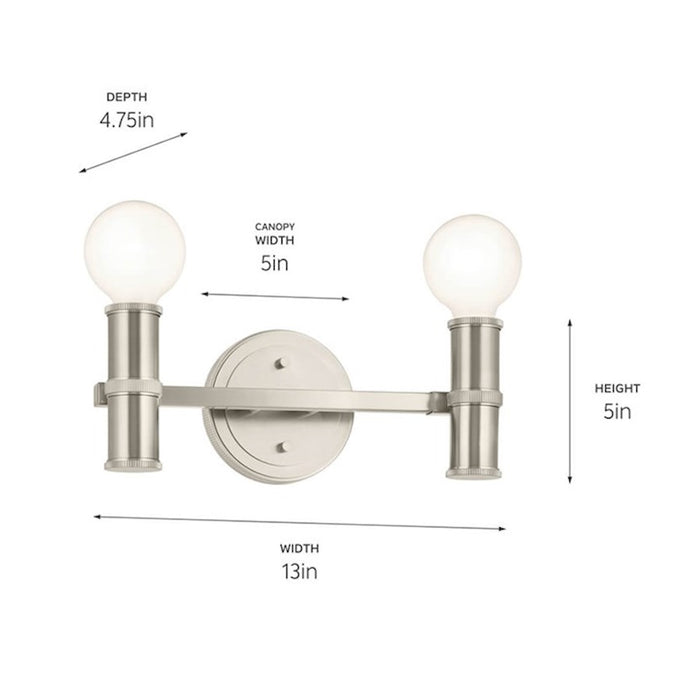 Kichler Torche 13in Wide 2-Light Vanity | Soft Modern Brushed Nickel Steel | Bathroom & Powder Room Accent | 2 x 60W Dimmable, Damp Rated | Model 55158NI