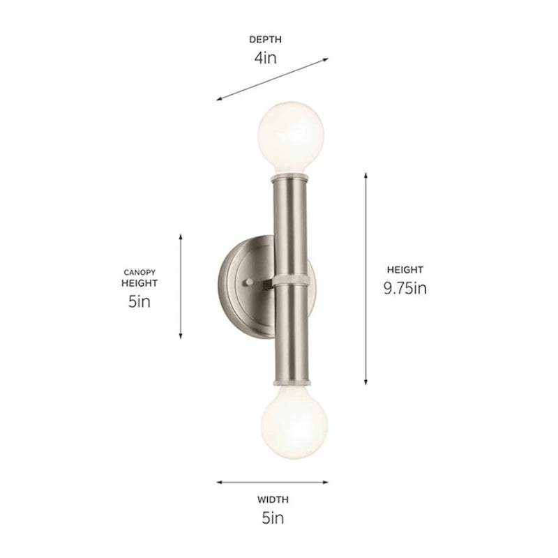 Kichler Torche 5in 2-Light Wall Sconce | Soft Modern Polished Nickel | Bathroom & Hallway Accent | 5 x 4 x 10 in | Model 55159PN
