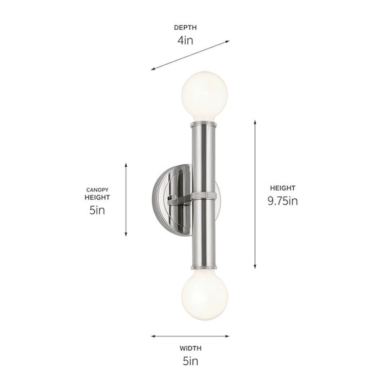 Kichler Torche 5in 2-Light Wall Sconce | Soft Modern Polished Nickel | Bathroom & Hallway Accent | 5 x 4 x 10 in | Model 55159PN
