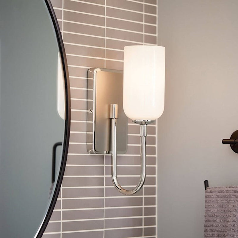 Kichler Solia 14in 1-Light Wall Sconce | Soft Modern Polished Nickel and Opal Glass | Bathroom & Hallway Accent | 5 x 13.5 in | Model 55161PN