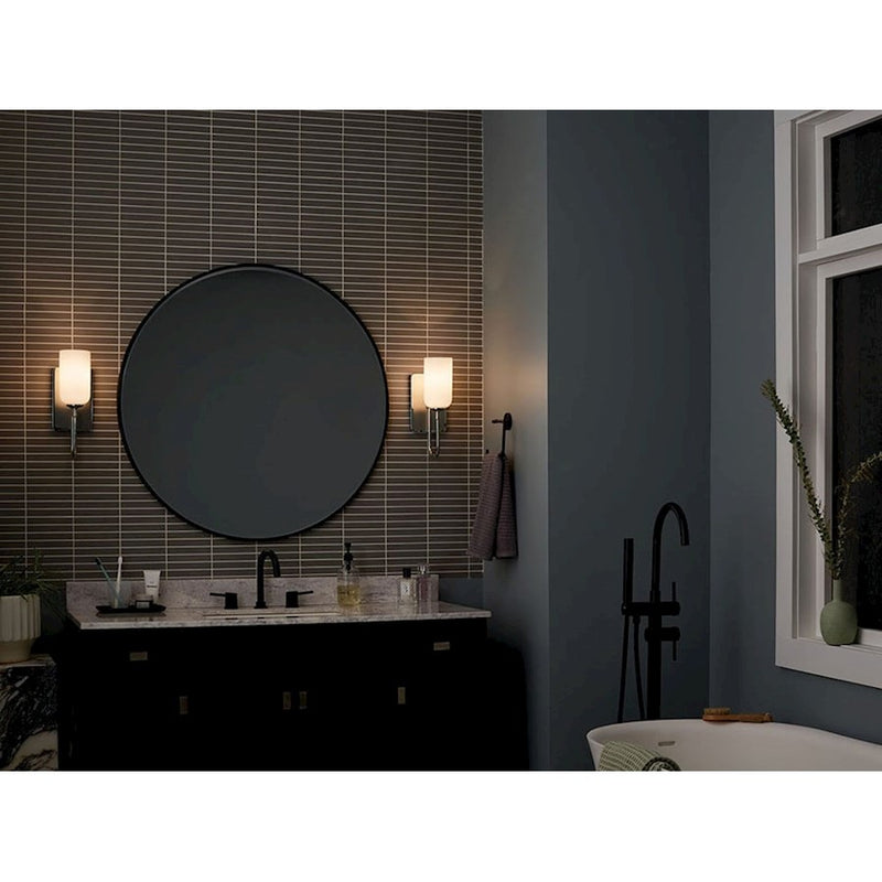 Kichler Solia 14in 1-Light Wall Sconce | Soft Modern Polished Nickel and Opal Glass | Bathroom & Hallway Accent | 5 x 13.5 in | Model 55161PN