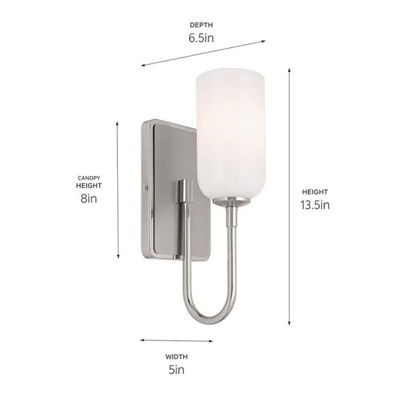 Kichler Solia 14in 1-Light Wall Sconce | Soft Modern Polished Nickel and Opal Glass | Bathroom & Hallway Accent | 5 x 13.5 in | Model 55161PN