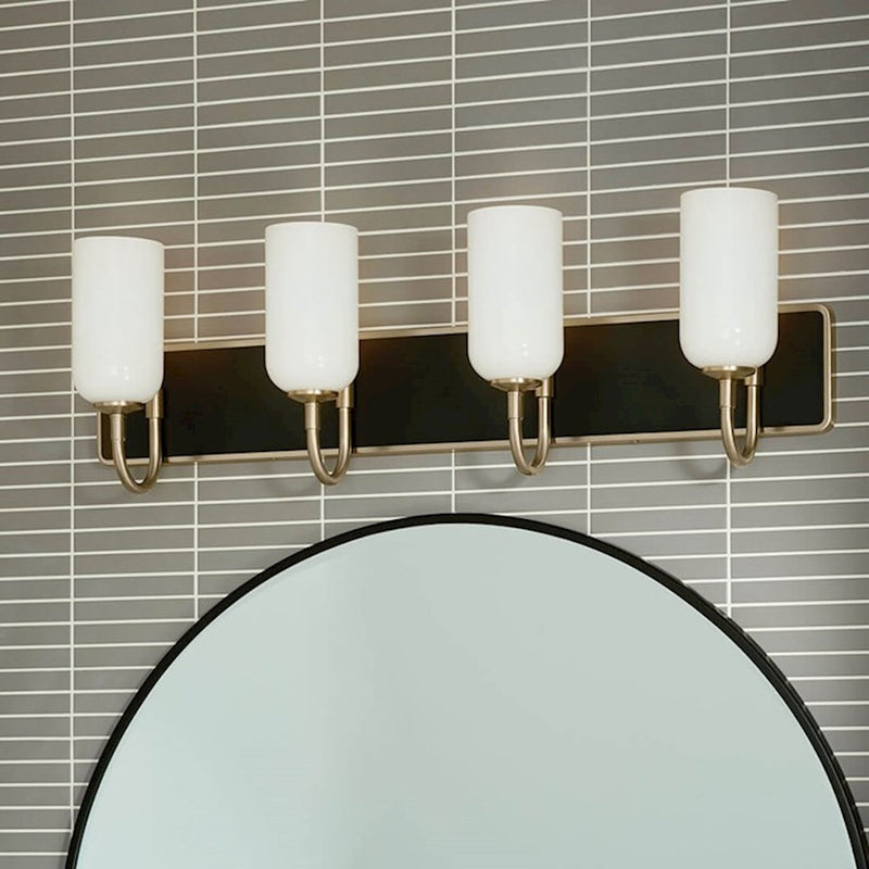 Kichler Solia 32in 4-Light Bathroom Vanity | Modern Champagne Bronze & Black Steel w/ Opal Glass | Damp-Rated Bath Vanity Light | Model 55164CPZ