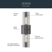Kichler Jemsa 18in 2-Light Wall Sconce | Modern Black Steel and Clear Fluted Glass | Bathroom & Powder Room | 18 x 4.75 in | Model 55166BK