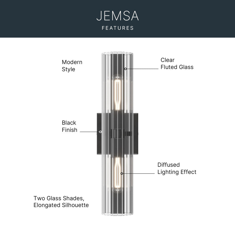 Kichler Jemsa 18in 2-Light Wall Sconce | Modern Black Steel and Clear Fluted Glass | Bathroom & Powder Room | 18 x 4.75 in | Model 55166BK