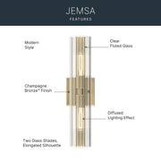 Kichler Jemsa 18in 2-Light Bath Bracket | Modern Champagne Bronze Steel and Clear Fluted Glass | Bathroom & Powder Room Vanity Light | 18 x 4.75 in | Model 55166CPZ