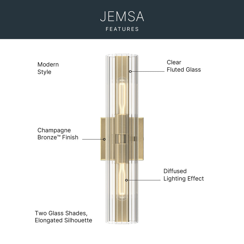 Kichler Jemsa 18in 2-Light Bath Bracket | Modern Champagne Bronze Steel and Clear Fluted Glass | Bathroom & Powder Room Vanity Light | 18 x 4.75 in | Model 55166CPZ