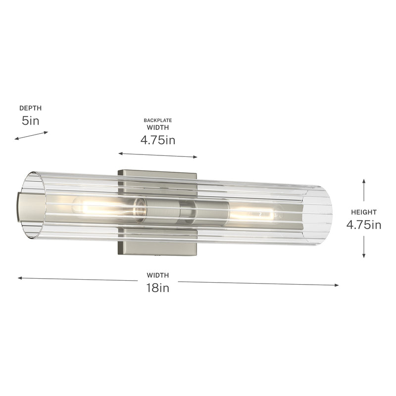 Kichler Jemsa 18in 2-Light Bath Bracket | Modern Brushed Nickel Steel and Clear Fluted Glass | Bathroom & Powder Room Vanity Light | 18 x 4.75 in | Model 55166NI