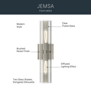 Kichler Jemsa 18in 2-Light Bath Bracket | Modern Brushed Nickel Steel and Clear Fluted Glass | Bathroom & Powder Room Vanity Light | 18 x 4.75 in | Model 55166NI