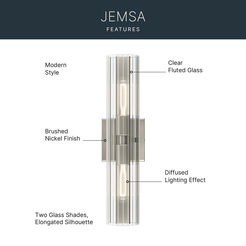 Kichler Jemsa 18in 2-Light Bath Bracket | Modern Brushed Nickel Steel and Clear Fluted Glass | Bathroom & Powder Room Vanity Light | 18 x 4.75 in | Model 55166NI