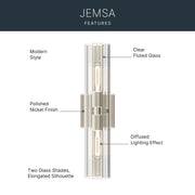 Kichler Jemsa 18in 2-Light Bath Bracket | Modern Polished Nickel Steel and Clear Fluted Glass | Bathroom & Powder Room Vanity Light | 18 x 4.75 in | Model 55166PN