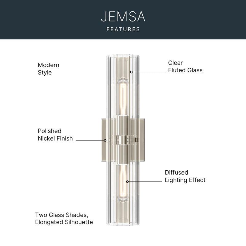 Kichler Jemsa 18in 2-Light Bath Bracket | Modern Polished Nickel Steel and Clear Fluted Glass | Bathroom & Powder Room Vanity Light | 18 x 4.75 in | Model 55166PN