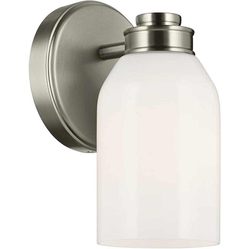 Kichler Shae 1-Light 8in Wall Sconce | Modern Brushed Nickel and Cased Opal Glass | Bathroom & Hallway Accent | 5.5 in Extension | Model 55200NI