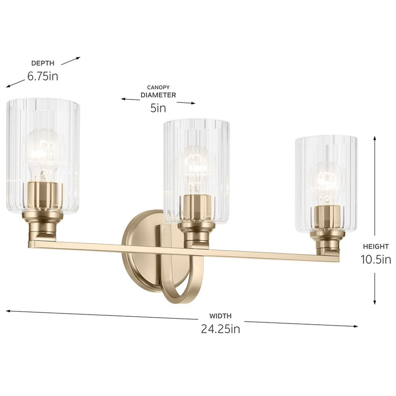 Kichler Gioe 24in 3-Light Vanity Light | Modern Champagne Bronze and Clear Fluted Glass | Bathroom Vanity | 24 x 10 in | Model 55226CPZFLU