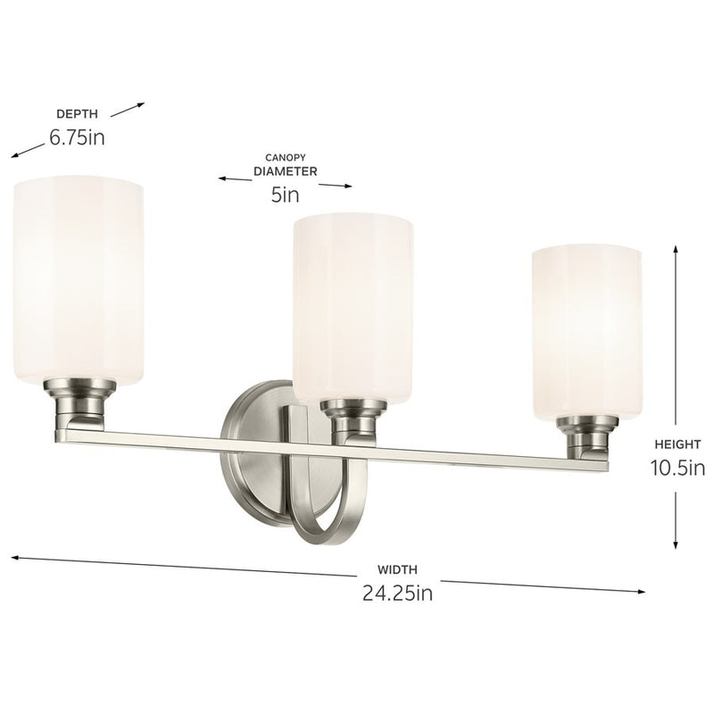 Kichler Gioe 24in 3-Light Vanity Light | Modern Brushed Nickel and White Glass | Bathroom Vanity | 24.25 x 10.5 in | Model 55226NI