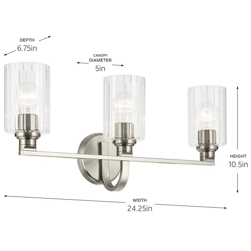 Kichler Gioe 24in 3-Light Vanity Light | Modern Brushed Nickel and Clear Fluted Glass | Bathroom Vanity | 24.25 x 10.5 in | Model 55226NIFLU