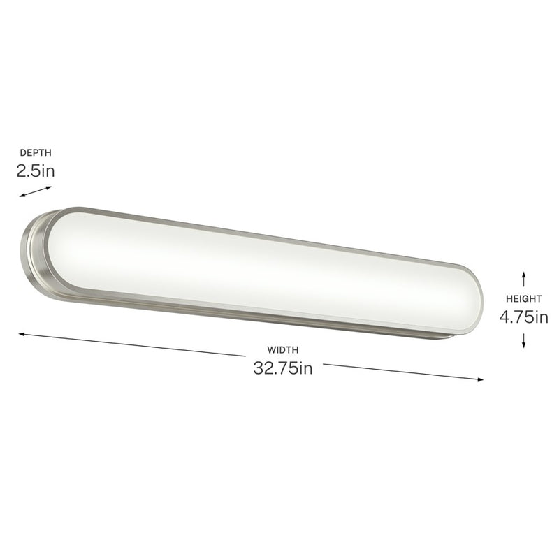 Kichler Daines 32.75in 1-Light LED Bath Bar | Modern Brushed Nickel and White Glass | Bathroom Vanity | 32.75 x 4.75 x 2.5 in | Model 55248NILED