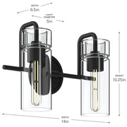 Kichler Niccol 14in 2-Light Vanity Light | Modern Black and Clear Glass | Bathroom Vanity | 14 x 10 x 6.5 in | Model 55251BK