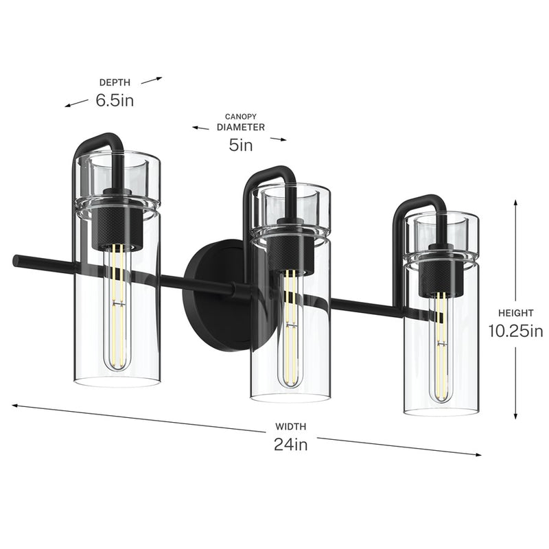 Kichler Niccol 24in 3-Light Vanity Light | Modern Black and Clear Glass | Bathroom Vanity | 24 x 10 x 7 in | Model 55252BK