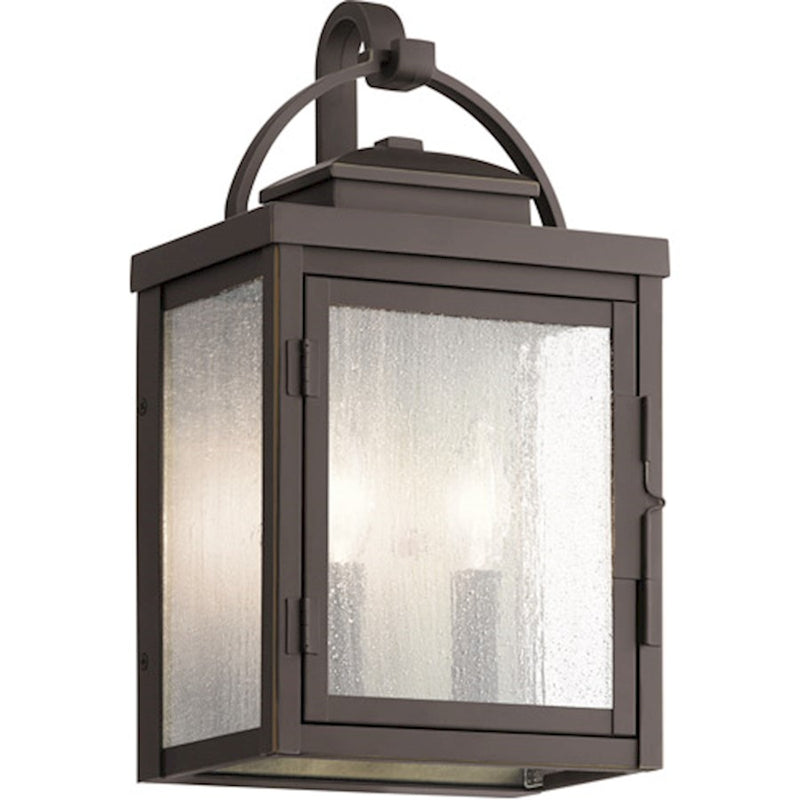 Kichler Carlson 14.75in 2-Light Outdoor Wall Light | Traditional Rubbed Bronze Aluminum and Clear Seeded Glass | Entryway & Covered | Model 59011RZ