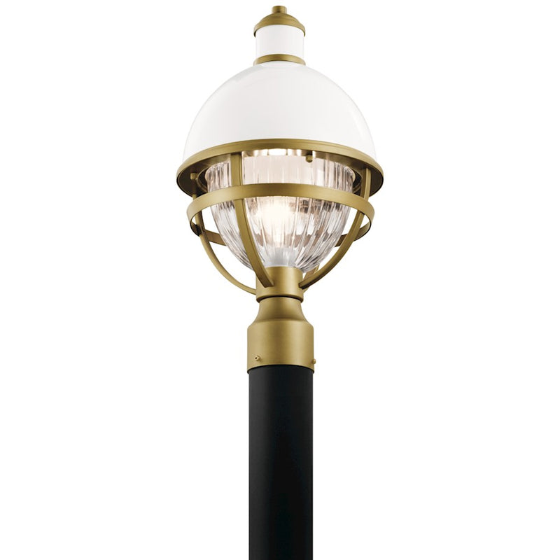 Kichler Tollis 1-Light Outdoor Post Light | Coastal White Aluminum and Natural Brass Cage | Pathway & Garden Lighting | 10 x 18 in | Model 59052WH