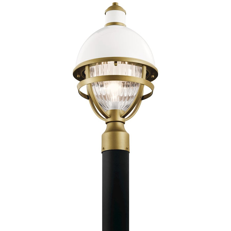 Kichler Tollis 1-Light Outdoor Post Light | Coastal White Aluminum and Natural Brass Cage | Pathway & Garden Lighting | 10 x 18 in | Model 59052WH