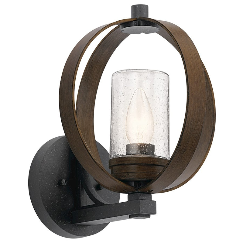 Kichler Grand Bank 10in 1-Light Outdoor Wall Sconce | Rustic Auburn Stained Wood and Distressed Black Metal | Covered Patio | Model 59066AUB