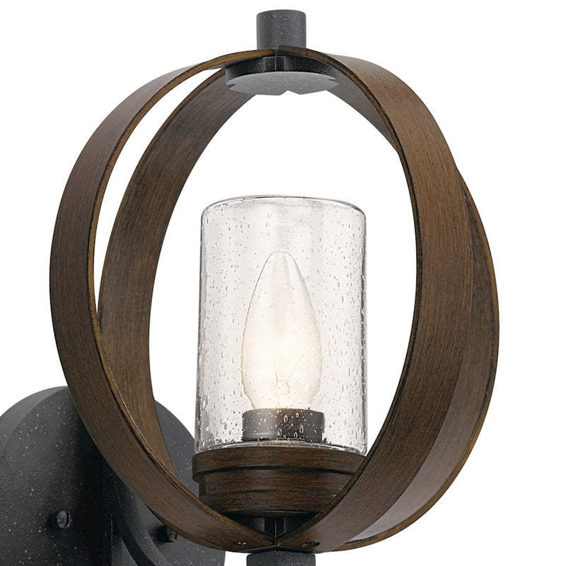 Kichler Grand Bank 10in 1-Light Outdoor Wall Sconce | Rustic Auburn Stained Wood and Distressed Black Metal | Covered Patio | Model 59066AUB