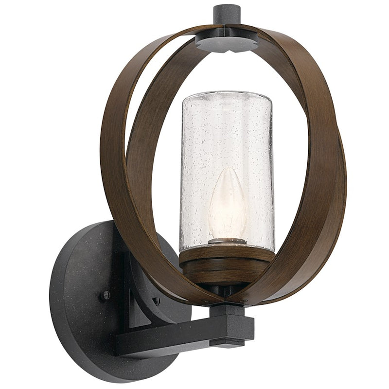 Kichler Grand Bank 12in 1-Light Outdoor Wall Sconce | Rustic Auburn Stained Wood and Distressed Black Metal | Covered Patio | Model 59067AUB