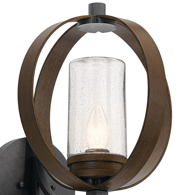 Kichler Grand Bank 12in 1-Light Outdoor Wall Sconce | Rustic Auburn Stained Wood and Distressed Black Metal | Covered Patio | Model 59067AUB