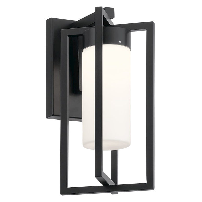 Kichler Drega 8in 1-Light Outdoor Wall Sconce LED | Contemporary Black and Satin Etched Glass | Covered Patios & Entryways | Model 59072BKLED