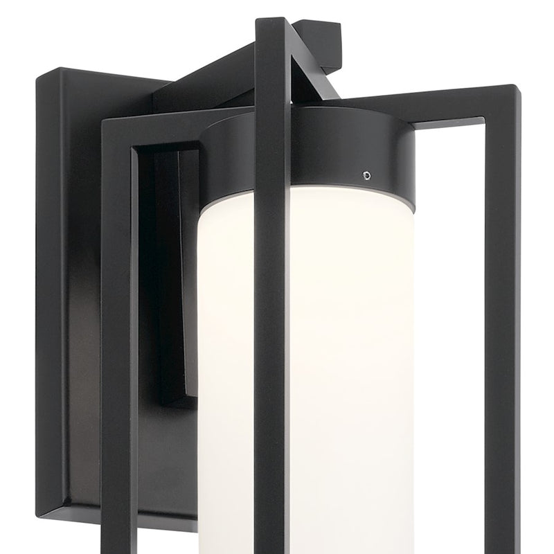 Kichler Drega 8in 1-Light Outdoor Wall Sconce LED | Contemporary Black and Satin Etched Glass | Covered Patios & Entryways | Model 59072BKLED
