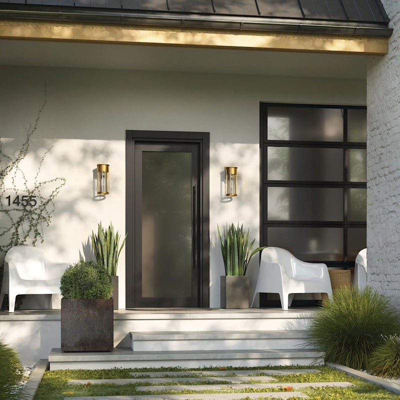 Kichler Camillo 15in 1-Light Outdoor Wall Sconce | Luxe Industrial Natural Brass and Clear Seeded Glass | Covered Patio & Entryway | Model 59080NBR