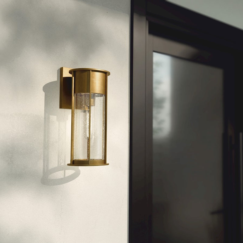 Kichler Camillo 15in 1-Light Outdoor Wall Sconce | Luxe Industrial Natural Brass and Clear Seeded Glass | Covered Patio & Entryway | Model 59080NBR