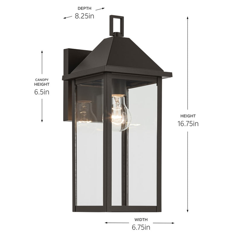 Kichler Prin 6.75in 1-Light Outdoor Wall Sconce | Traditional Olde Bronze and Clear Glass | Entryway & Porch | 6.75 x 8.25 x 16.75 in | Model 59158OZ
