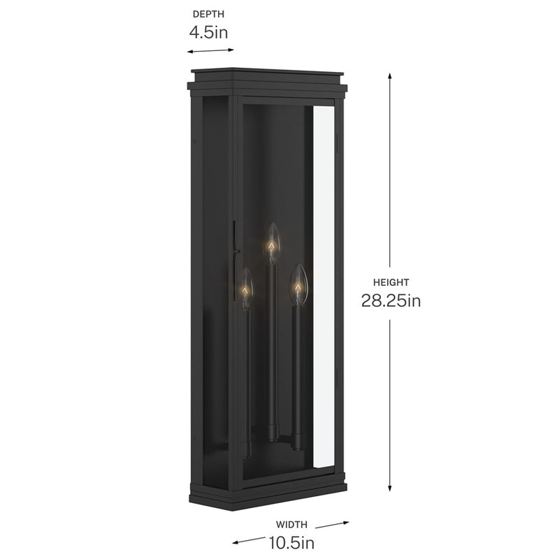 Kichler Lundon 28.25in 3-Light Outdoor Wall Light | Traditional Black Aluminum and Clear Glass | Porch & Patio | 10.5 x 28.25 x 4.5 in | Model 59165BK