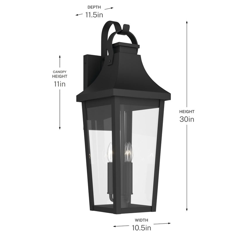 Kichler Cleary 30in 3-Light Outdoor Wall Sconce | Traditional Textured Black and Clear Glass | Entryway & Covered Patio | Model 59196BKT
