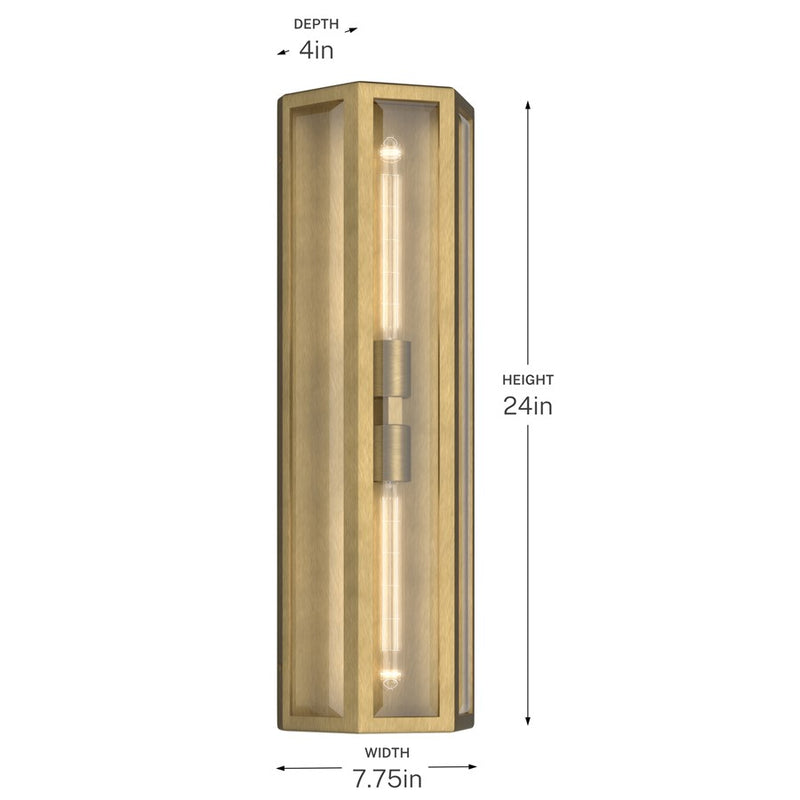 Kichler Berens 24in 2-Light Outdoor Wall Light | Traditional Natural Brass Aluminum and Clear Beveled Glass | Entryway & Porch | Model 59216NBR