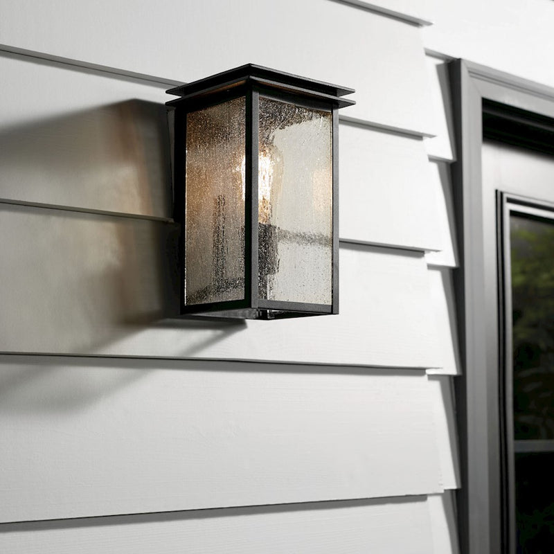 Kichler Arkville 10in 1-Light Outdoor Wall Sconce | Textured Black Aluminum and Clear Seeded Glass | Covered Patio & Entryway | Model 59540BKT