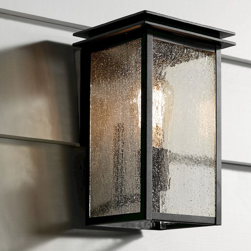 Kichler Arkville 10in 1-Light Outdoor Wall Sconce | Textured Black Aluminum and Clear Seeded Glass | Covered Patio & Entryway | Model 59540BKT